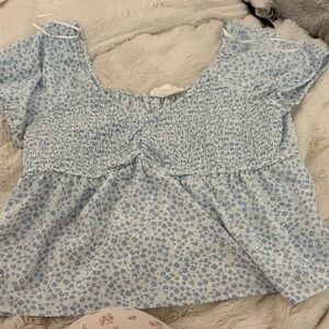 Pink Rose Light Blue Floral Blouse